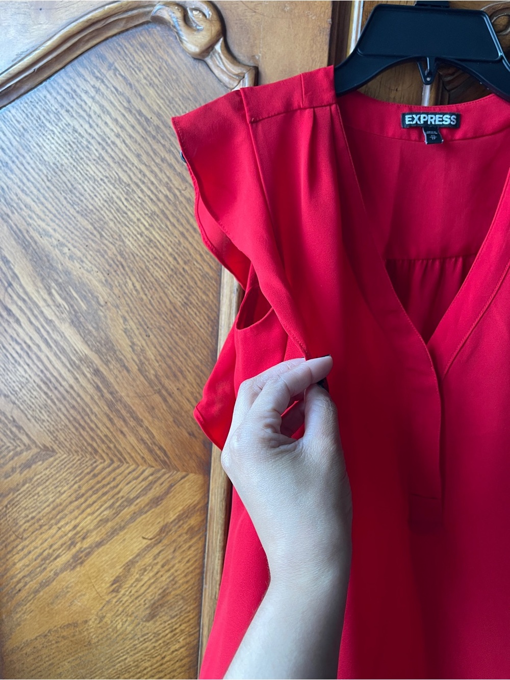 Express Red V-Neck Flutter Sleeve Blouse - Picture 2 of 6